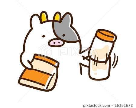 一個可愛的奶牛角色搖動蛋白質的手寫風格插圖 一個可愛的奶牛角色搖動蛋白質的手寫風格插圖 86391678