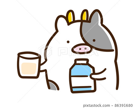一個可愛的奶牛角色呈現牛奶的手寫風格插圖 86391680