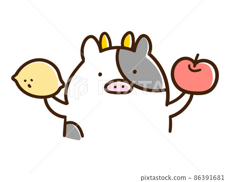 一個帶水果的可愛奶牛角色的手寫風格插圖 86391681