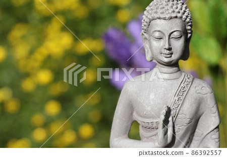 Buddha Statue With Field of Yellow Flowers in Background Shallow DOF 86392557