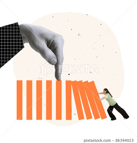 Creative design. Contemporary art collage. Gian hand stopping the domino effect. Employee pushes blocks Creative design. Contemporary art collage. Gian hand stopping the domino effect. Employee pushes blocks 86394023