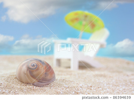 Sea Shell and Beach Chair on beach, Shallow DOF, Focus on Shell Sea Shell and Beach Chair on beach, Shallow DOF, Focus on Shell 86394639