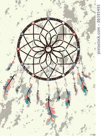 Native american indian dream catcher traditional symbol. Bright card card with colored feathers and beads 86395493