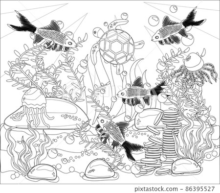 Underwater world. Anti stress coloring book for adult. Outline drawing coloring page. Black and white in zentangle style. Sea, shells. Marine theme. Underwater world. Anti stress coloring book for adult. Outline drawing coloring page. Black and white in zentangle style. Sea, shells. Marine theme. 86395527