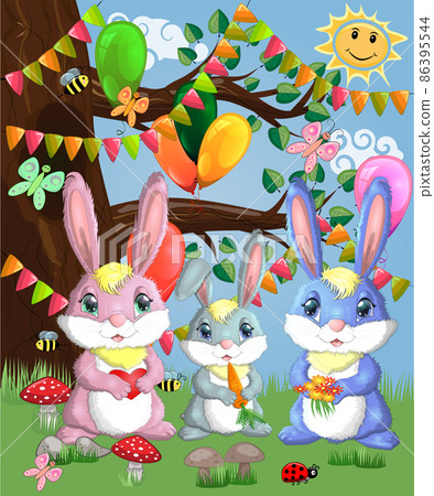 A family of three bunnies in a forest glade. Mom, dad, baby. Spring, love, postcard 86395544