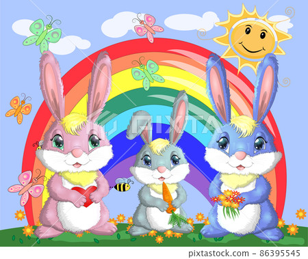 A family of three bunnies in the meadow near the rainbow. Mom, dad, baby. Spring, love, postcard 86395545