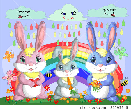 A family of three bunnies in the meadow near the rainbow. Mom, dad, baby. Spring, love, postcard 86395546