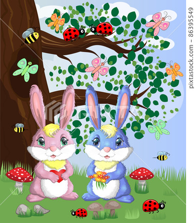 Two cute bunny in a forest glade. Boy and girl, concept spring, love, postcard Two cute bunny in a forest glade. Boy and girl, concept spring, love, postcard 86395549