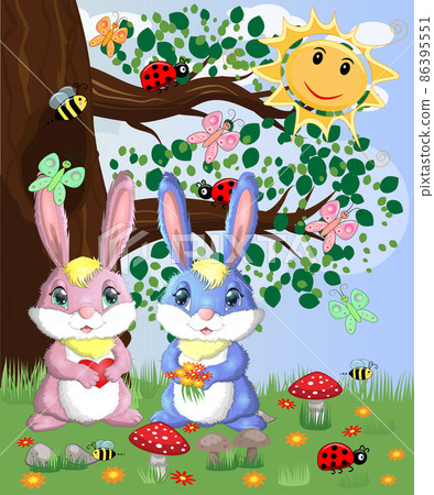 Two cute bunny in a forest glade. Boy and girl, concept spring, love, postcard Two cute bunny in a forest glade. Boy and girl, concept spring, love, postcard 86395551