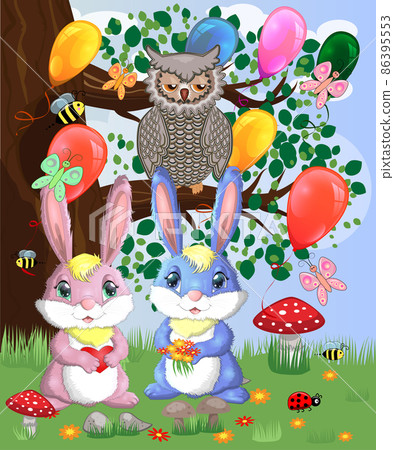 Two cute bunny in a forest glade. Boy and girl, concept spring, love, postcard 86395553