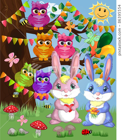 Two cute bunny in a forest glade. Boy and girl, concept spring, love, postcard Two cute bunny in a forest glade. Boy and girl, concept spring, love, postcard 86395554