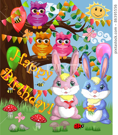 Two cute bunny in a forest glade. Boy and girl, concept spring, love, postcard Two cute bunny in a forest glade. Boy and girl, concept spring, love, postcard 86395556