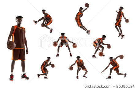 Collage of portrait of professional football player in brown uniform playing, training isolated over white background 86396154