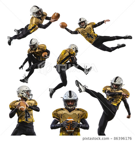 Full-length horizontal portrait of professional american footbal player training isolated over white background. Collage 86396176