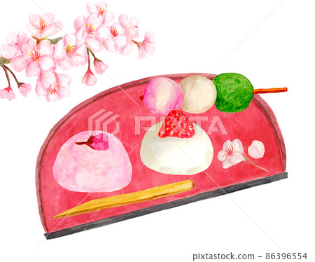 Sakura and spring Japanese sweets watercolor illustration 86396554