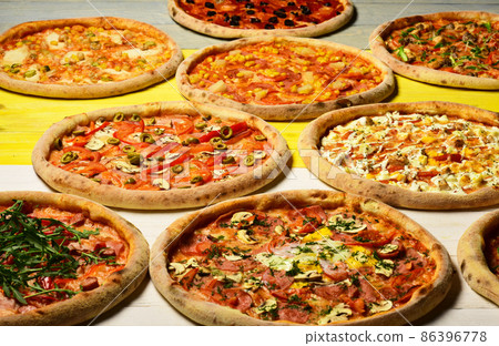 Italian pizza and pizzeria concept. Different pizza set for menu. Italian pizza and pizzeria concept. Different pizza set for menu. 86396778