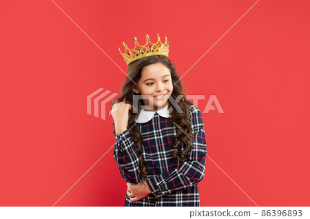 proud kid with curly hair. egoistic teen girl wear diadem. arrogance and selfishness. proud kid with curly hair. egoistic teen girl wear diadem. arrogance and selfishness. 86396893