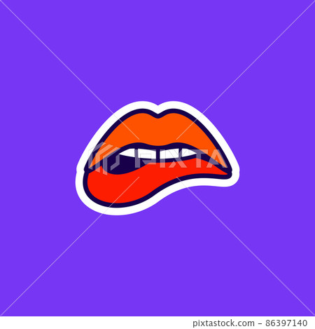 Womans sensuous lips, beautiful open mouth biting lip with lipstick, sticker in the pop art style Womans sensuous lips, beautiful open mouth biting lip with lipstick, sticker in the pop art style 86397140