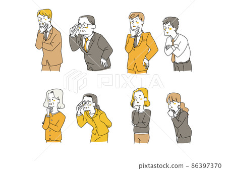A set of businessmen of various ages who are paying attention to the side. Comical handwritten illustration of a person. 86397370