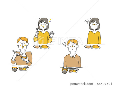 一組人吃飯健康和不健康的滑稽手寫人物插圖 86397391