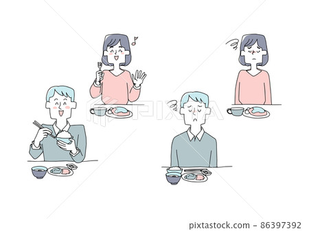 一組人吃飯健康和不健康的滑稽手寫人物插圖 一組人吃飯健康和不健康的滑稽手寫人物插圖 86397392