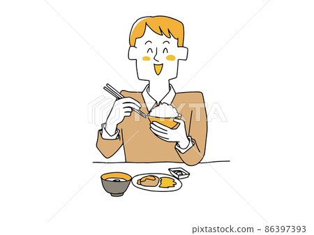 一個吃得很美味的人，一個可笑的手繪人物插圖矢量線畫與簡單的著色 86397393