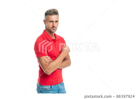 male fashion model in casual style clothes crossed hands, copy space 86397924