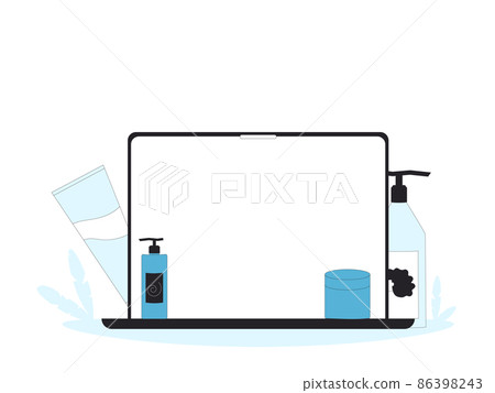 Laptop with tools and hair cosmetics products. Laptop with tools and hair cosmetics products. 86398243