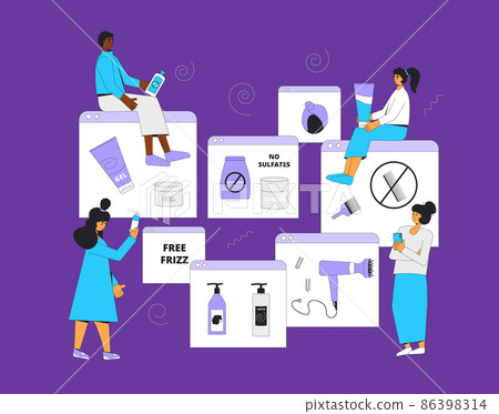 Curly girl method community. Differnt women with tools and hair cosmetics products for wavy, curl, coils, afro hairstyles. 86398314