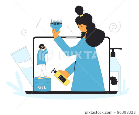 Curly girl method rules. Blogger giving advice tools and hair cosmetics products for wavy, curl, coils, afro hairstyles. 86398328