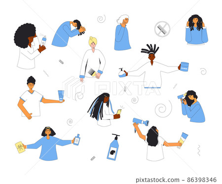 Curly girl method. Portraits of girls and women with different types of curly hair 86398346