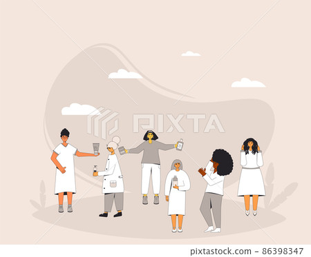 Swap cosmetics and hair styling. 86398347