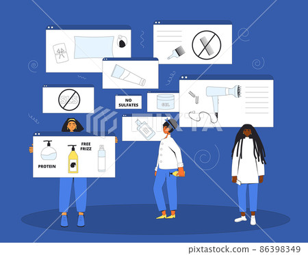 Curly girl method routine and tips. Differnt women with tools and hair cosmetics products for wavy, curl, coils, afro hairstyles. 86398349