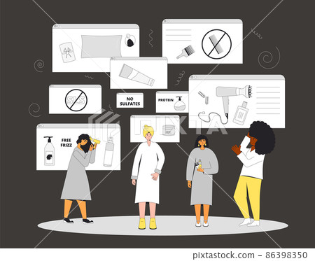 Curly girl method routine and tips. Differnt women with tools and hair cosmetics products for wavy, curl, coils, afro hairstyles. 86398350