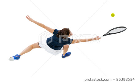 Aerial view of young beautiful girl, tennis player in sportswear playing tennis isolated on white background. Beauty, sport concept. Aerial view of young beautiful girl, tennis player in sportswear playing tennis isolated on white background. Beauty, sport concept. 86398584
