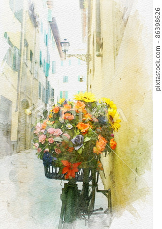 意大利佛羅倫薩小巷裡的鮮花自行車水彩風格 86398626