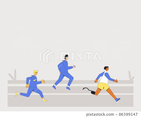 Inclusion competition. Runners. Joggers. Athletes. Young men running. Inclusion competition. Runners. Joggers. Athletes. Young men running. 86399147