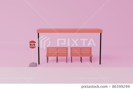 3DCG 巴士站，帶屋頂和長凳，粉紅色背景 86399299