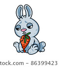 Sad little easter bunny with bitten carrot. Rabbit the symbol of 2023 lunar chinese new year. Hare with unhappy eyes and vegetable. Farm animal vector illustration isolated white background. 86399423