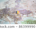 Romania flag drawing pin on the map 86399990
