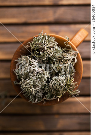 moss in a wooden mug, top view 86400084