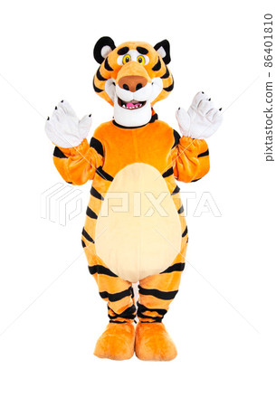Man in a striped orange tiger costume posing on a white background, isolate. Holiday animator 86401810
