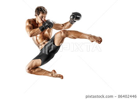 Full size of athlete kickboxer who perform muay thai martial arts on white background. Sport concept 86402446