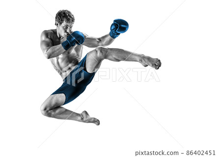 Full size of kickboxer who perform muay thai martial arts in studio silhouette. BLUE sportswear  86402451