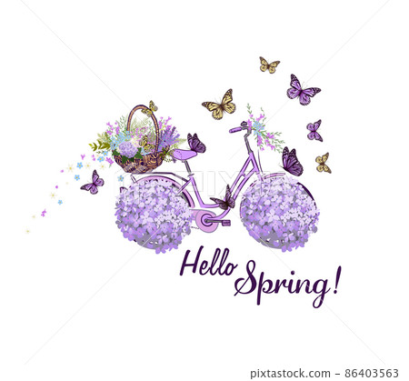 Hand drawing print design. Bicycle with flowers wheels. Hello Spring. Vector illustration Hand drawing print design. Bicycle with flowers wheels. Hello Spring. Vector illustration 86403563