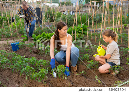 Mother and daughter watering plants at garden closeup Mother and daughter watering plants at garden closeup 86403804