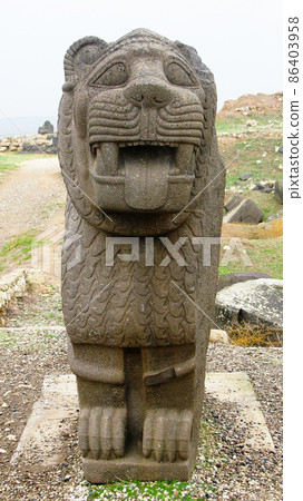 Basalt lion statue, Ruins of Ain Dara temple near Aleppo, Syria 86403958