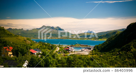 Panoramic view to Napp village and Skjellsteinvika bay at Flakstadoya Island, Lofoten, Norway Panoramic view to Napp village and Skjellsteinvika bay at Flakstadoya Island, Lofoten, Norway 86403996