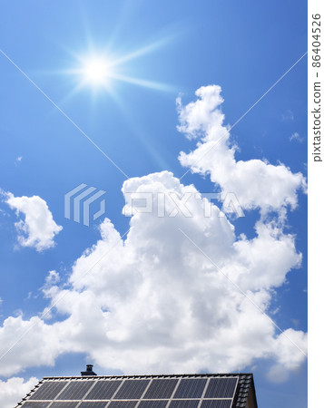roof with solar panels and the blue sky with clouds and sun roof with solar panels and the blue sky with clouds and sun 86404526