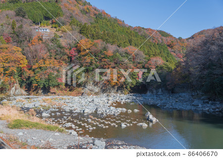 [Doshi River and autumn leaves at the auto campsite] 86406670